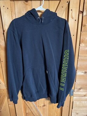 Carhartt Navy Hoodie with Neon Green Sleeve Logo